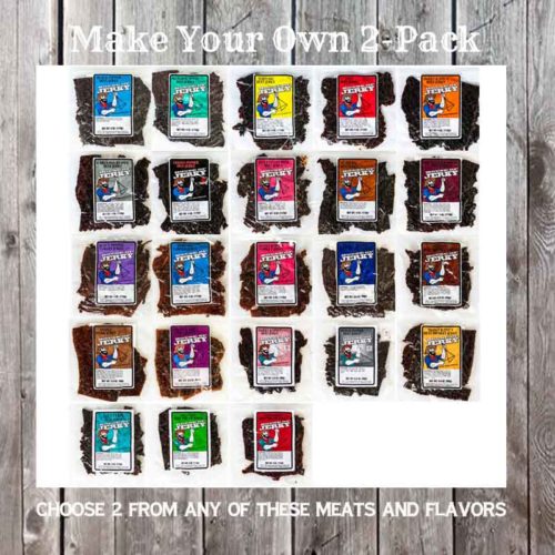 23 bags of jerky in a grid pattern with the words Make your own 2-pack at the top and Choose 2 from any of these meats and flavors on the bottom with a faded wood background