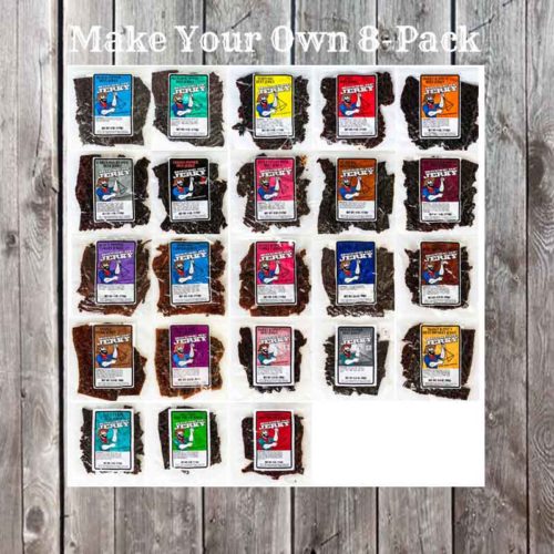 23 bags of jerky in a grid pattern with the words Make your own 8-pack at the top and Choose 2 from any of these meats and flavors on the bottom with a faded wood background