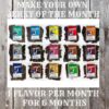 15 bags of Jerky on a wooden background with the words Make Your Own Jerky of the Month on the top and 1 flavor per month for 6 months on the bottom