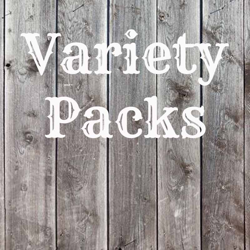 The word Variety Packs on a faded wood background