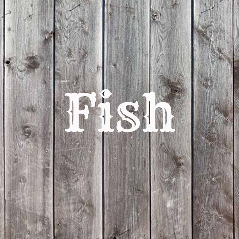 The word fish on a faded wood background