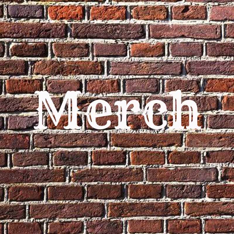 the word merch on brick background
