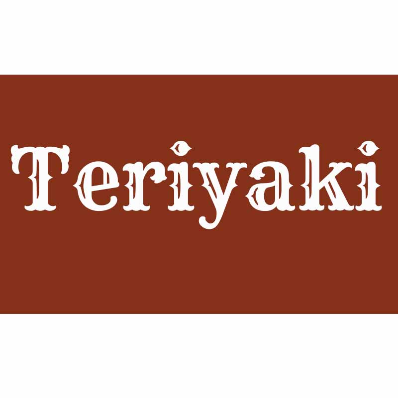 the word teriyaki on a reddish brown background