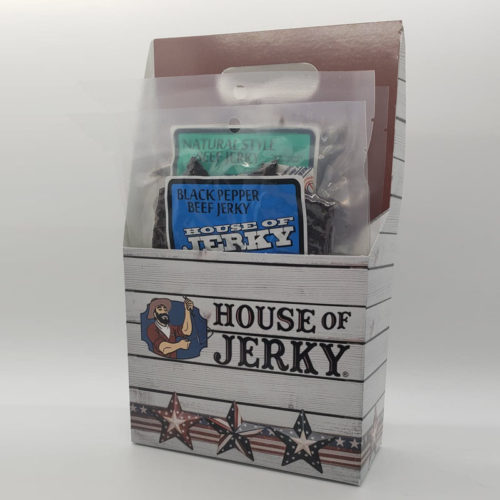 House of Jerky six-pack holder with black pepper beef jerky and natural style beef jerky inside