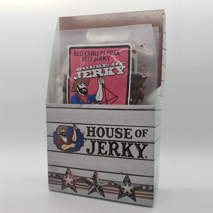 House of Jerky six pack holder with red chili pepper beef jerky inside